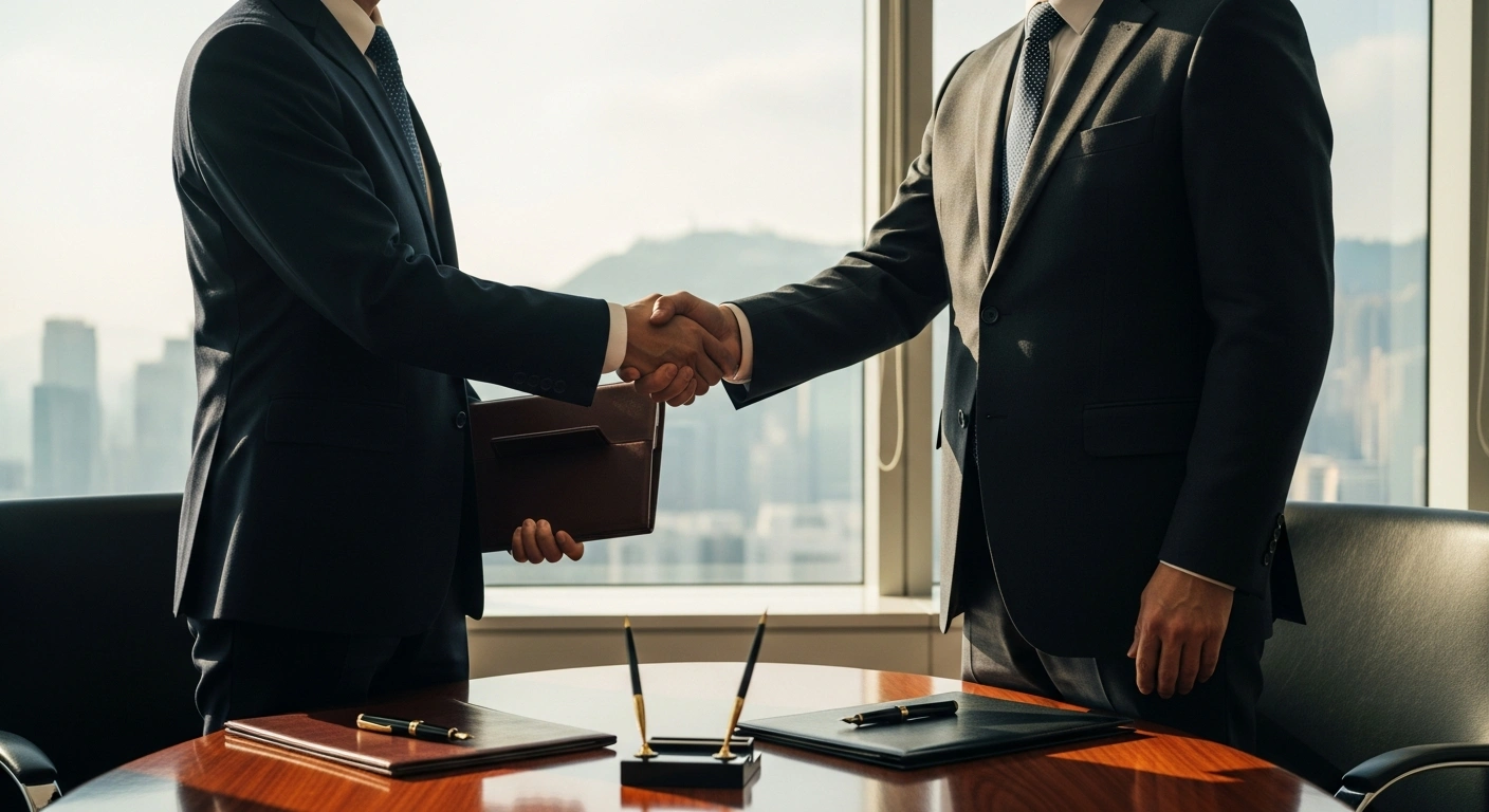 Two officials shake hands during a formal meeting to sign cooperation agreements between Hong Kong and Kazakhstan.