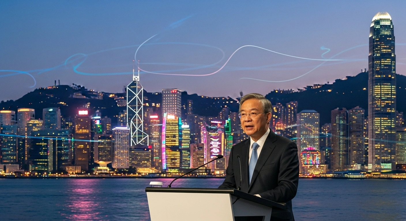 Hong Kong Chief Executive John Lee Ka-chiu stands at a podium, delivering the 2025 Policy Address against a backdrop of the illuminated Hong Kong skyline, symbolizing comprehensive measures to boost the economy, enhance livelihoods, and cement the city's role as an international hub.