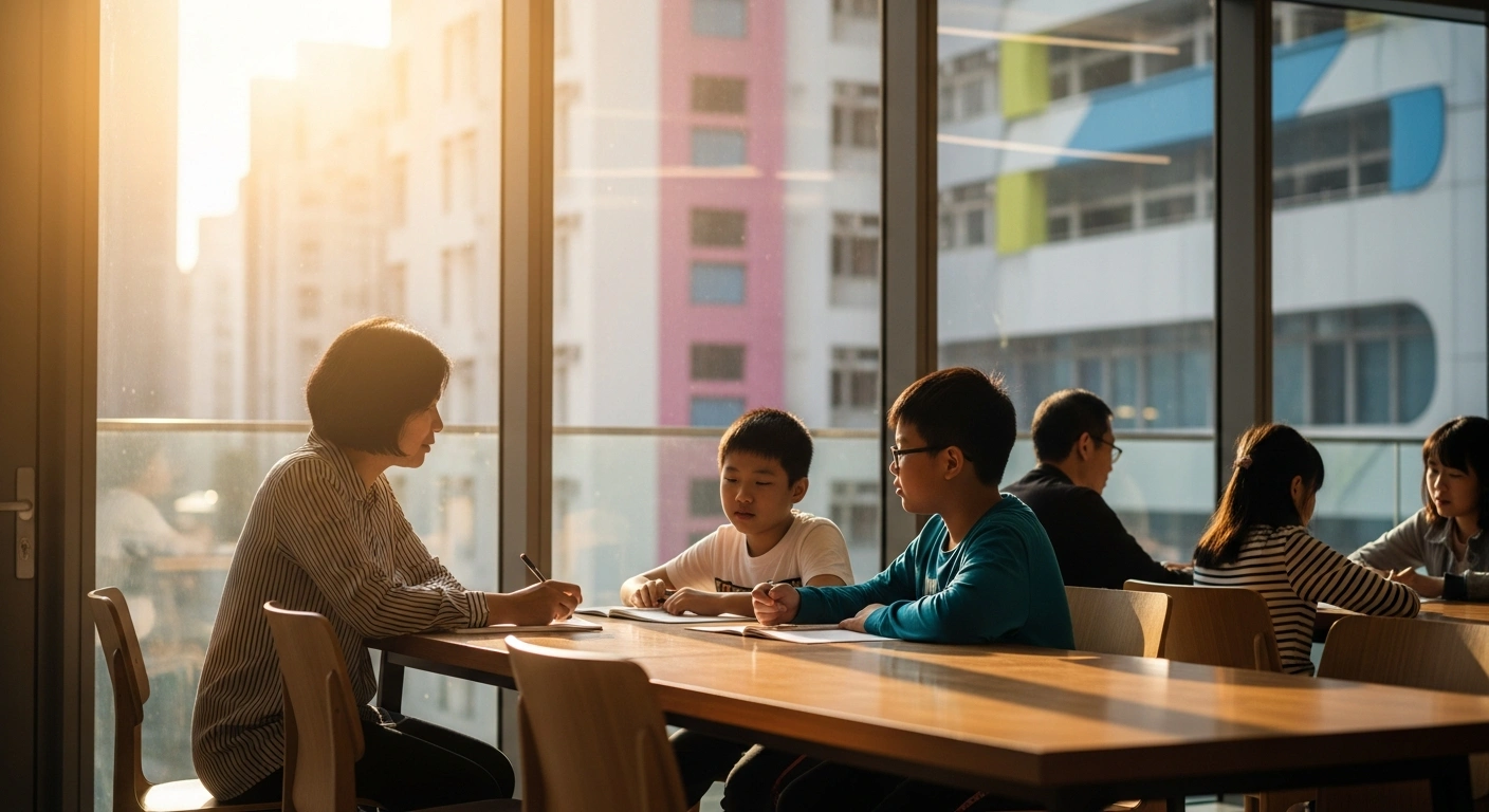 A diverse group of people participate in a community support program at a new government-funded service center in Hong Kong.