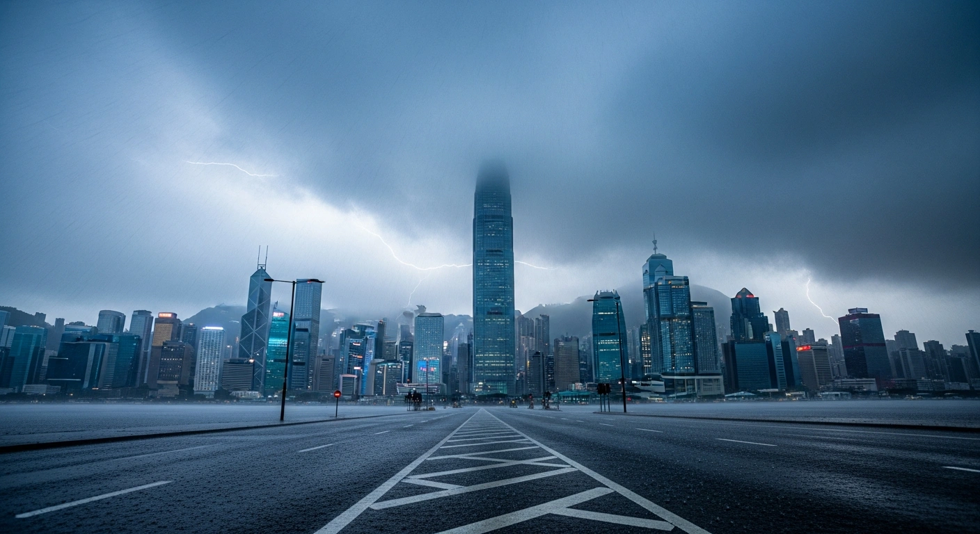 The Hong Kong skyline is obscured by heavy rain and dark storm clouds during the passage of Typhoon Bavi.