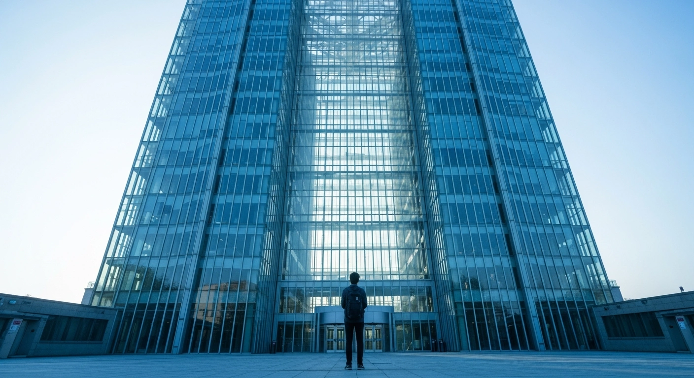 A student stands before a large university building in Hong Kong, representing the intense competition for government-funded undergraduate places.