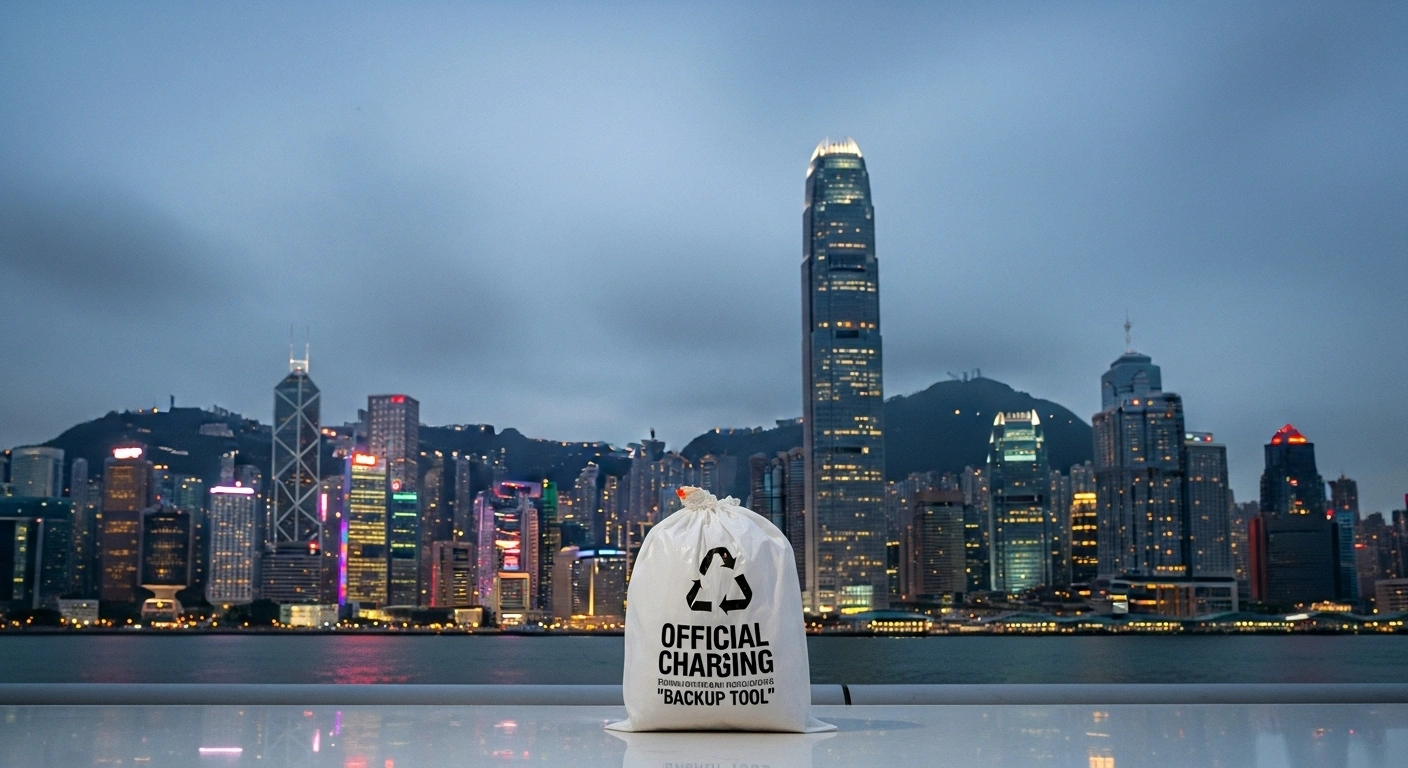 A pristine, unopened official waste charging bag sits in the foreground against a backdrop of the modern Hong Kong skyline at dusk, symbolizing the suspended municipal solid waste charging scheme until at least June 2027, which officials, including Secretary for Environment and Ecology Tse Chin-wan, refer to as a backup tool due to public concerns and financial burdens.