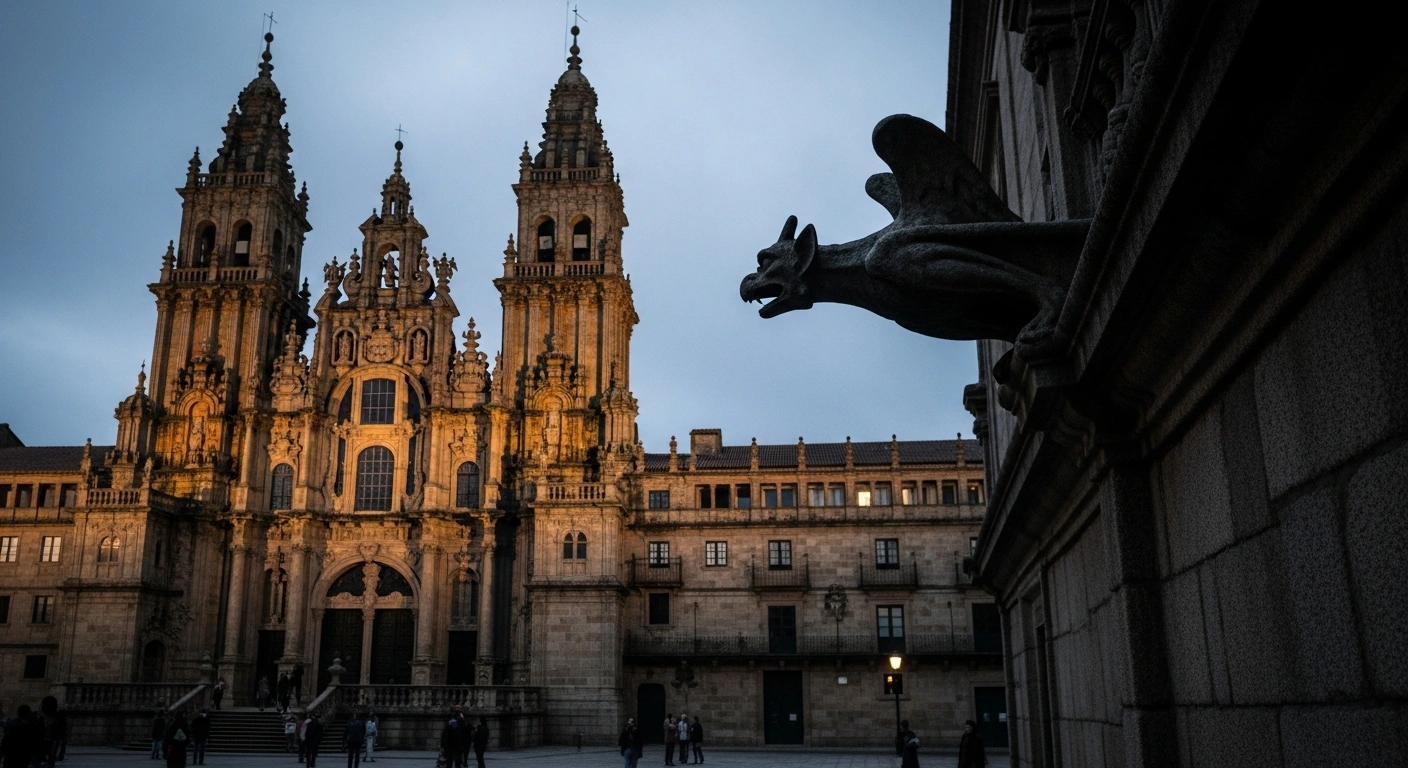 A close-up view of a controversial new gargoyle sculpture on the facade of the historic Hostal dos Reis Católicos in Santiago de Compostela, Spain.