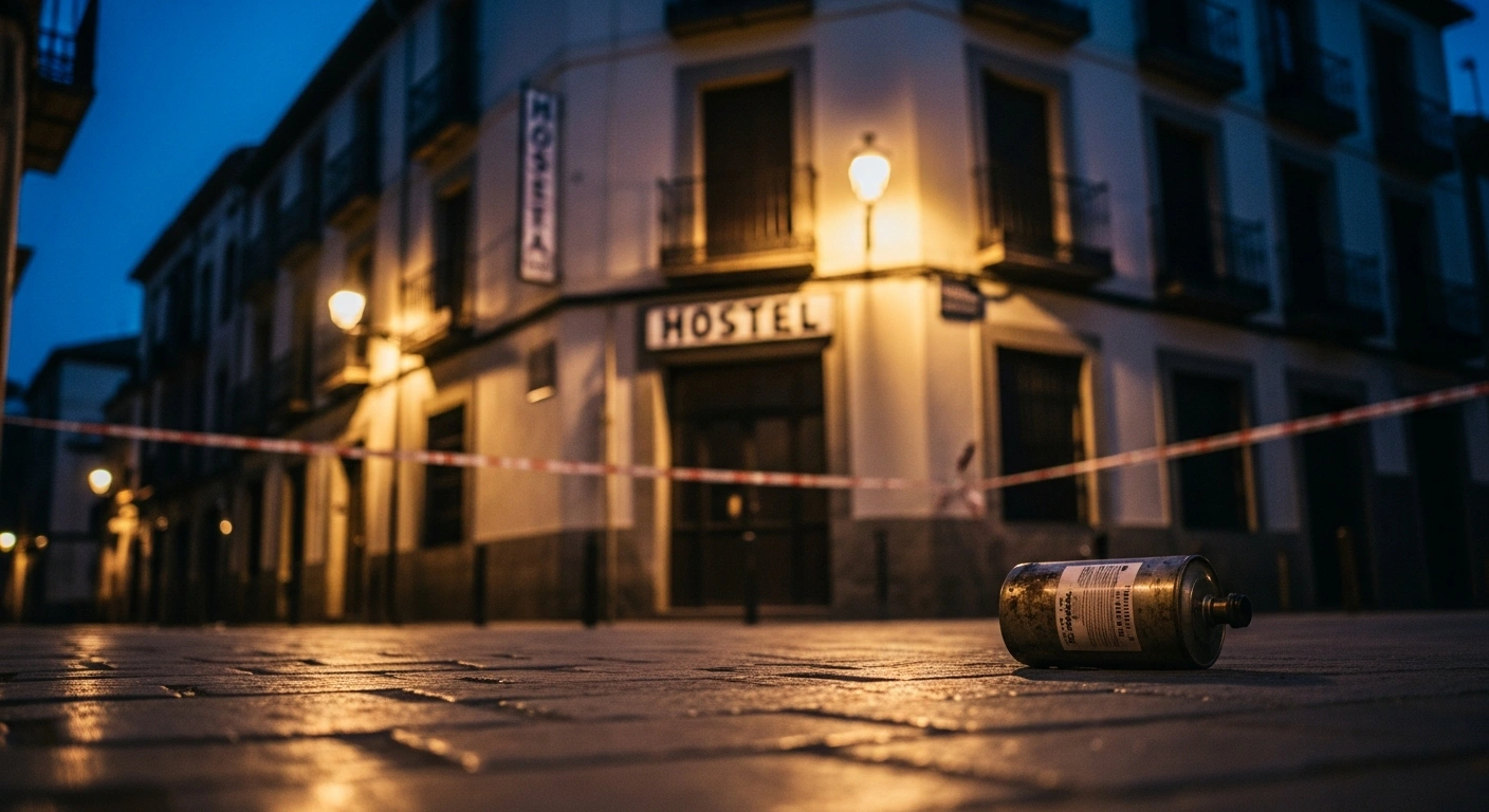 A police investigation takes place outside a hostel in Alcázar de San Juan, Spain, following a chemical assault incident.