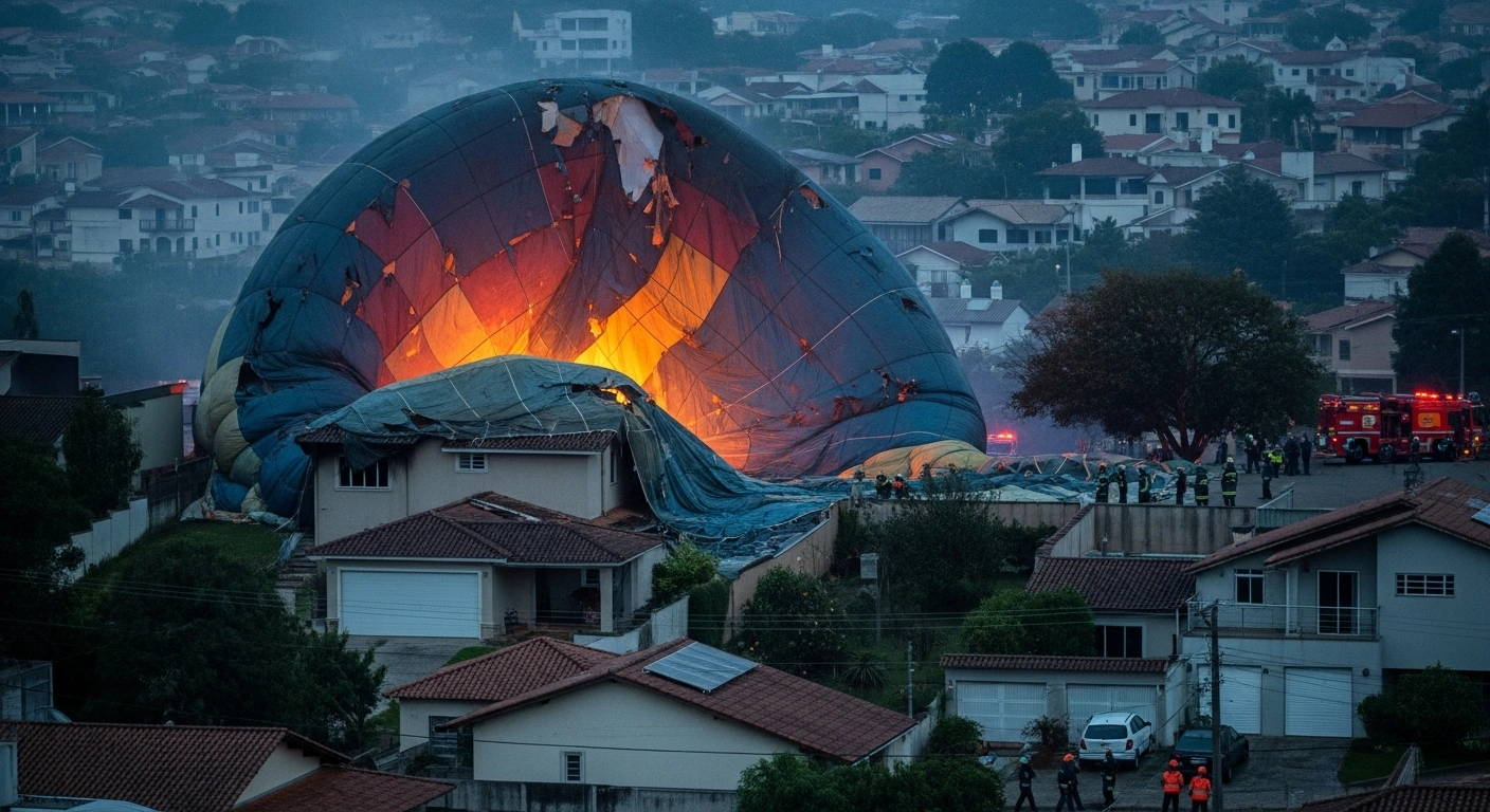Emergency responders secure the site of a crashed hot air balloon that landed on a residential house in Carapicuiba, Sao Paulo.