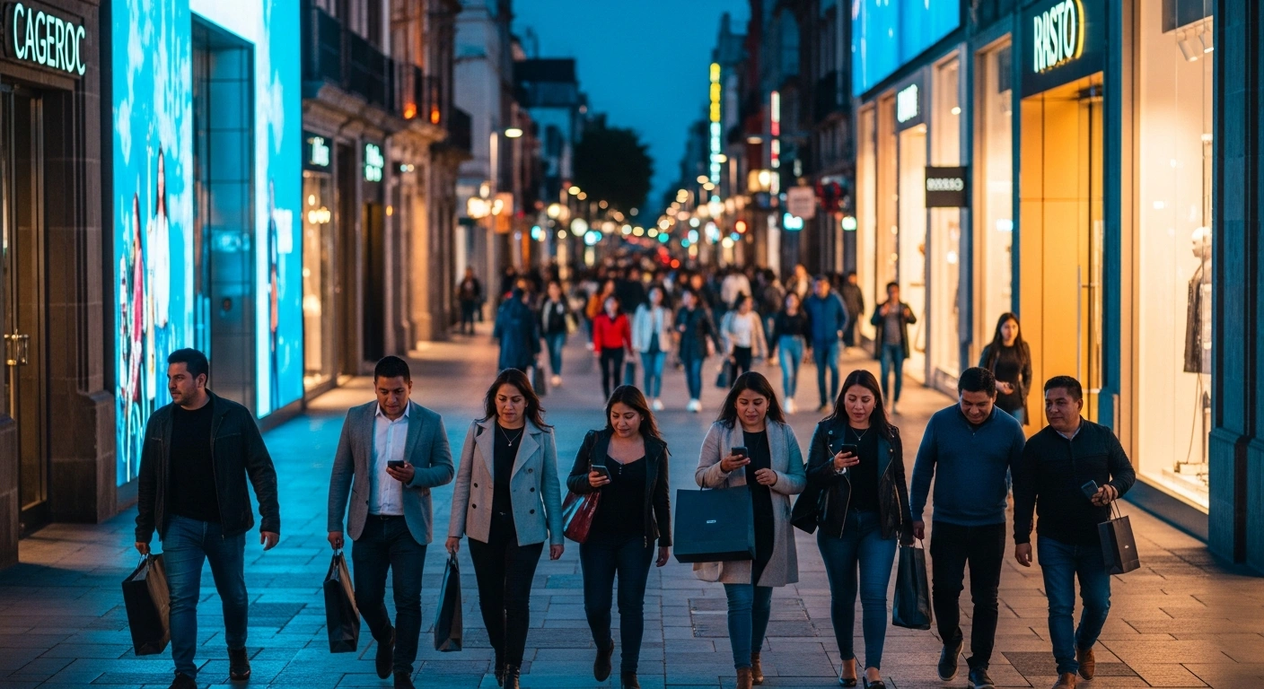 Shoppers walk through a modern Mexican city street during the Hot Sale 2026 event to support retail growth and digital commerce.