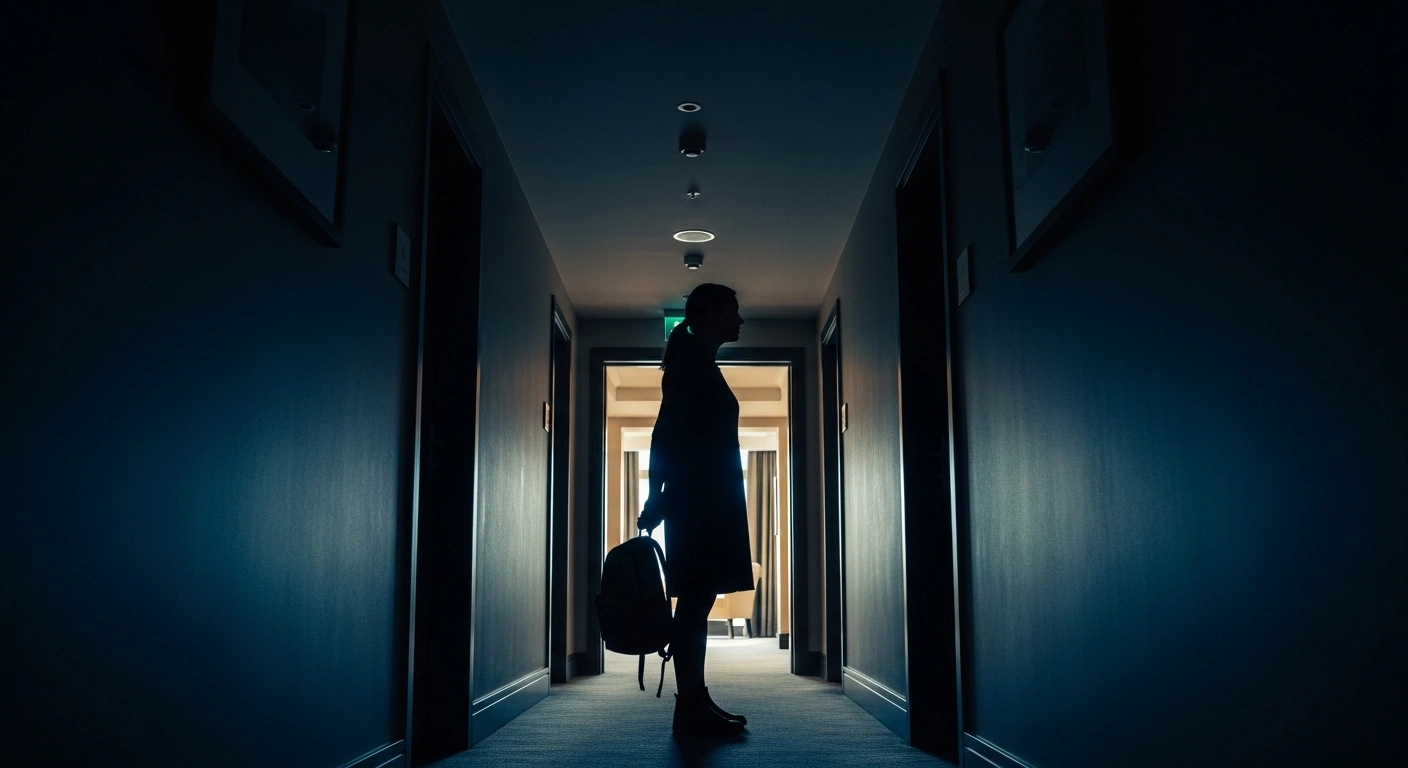 A woman stands in a hotel hallway representing the industrial tribunal case regarding indirect sex discrimination and flexible working hours for childcare.