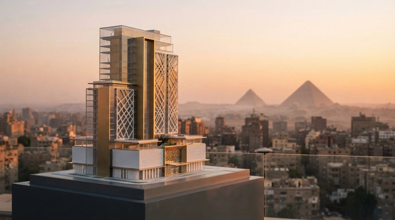 A modern architectural model of a Hotel101 Global project stands against the Cairo skyline with the pyramids visible in the background.