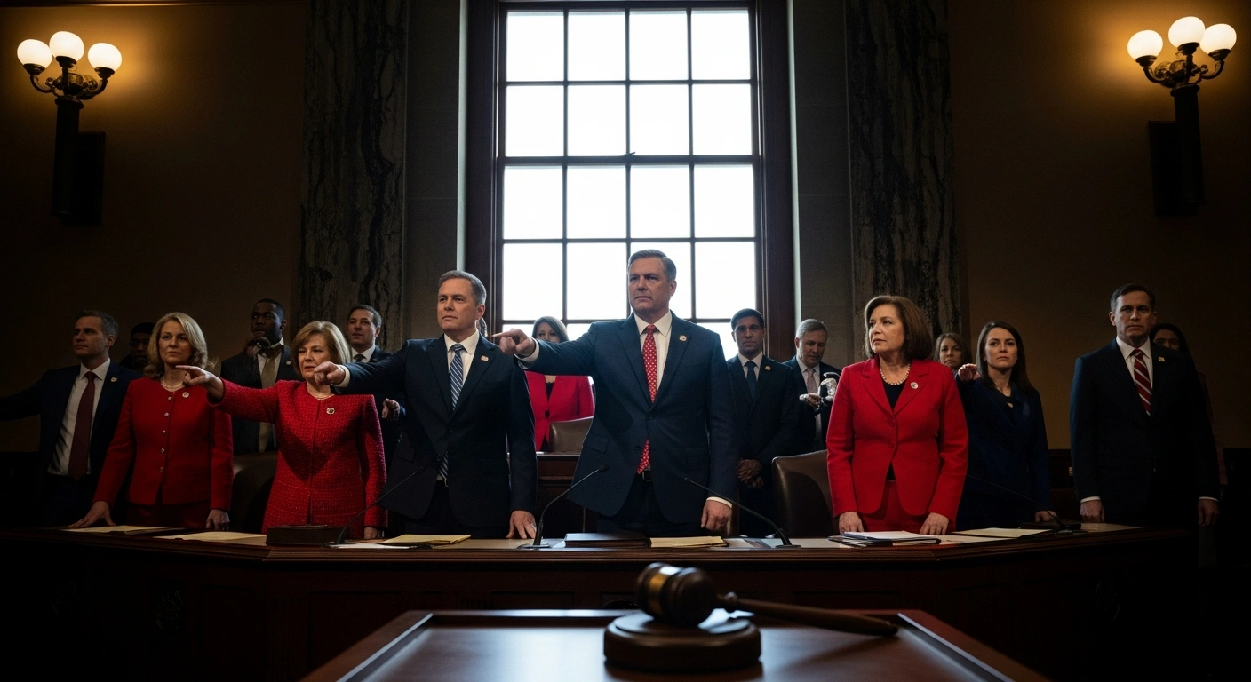 A wide, low-angle shot captures the interior of a legislative chamber, where a diverse group of representatives stands under soft light, with a gavel on a polished surface, symbolizing the U.S. House of Representatives' 230-196 vote to extend Affordable Care Act (ACA) subsidies for three years, now moving to the Senate for a bipartisan compromise.