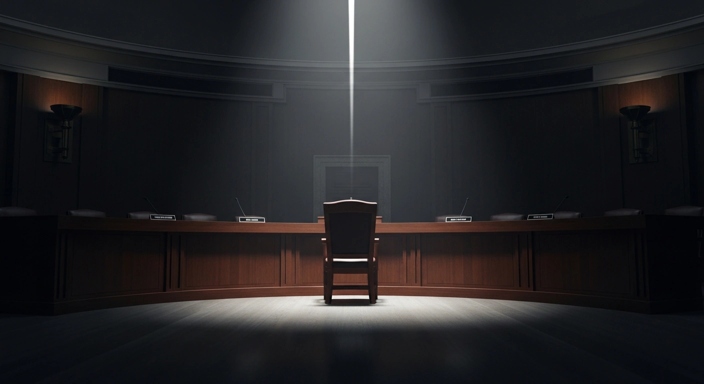 The empty chair of Representative Chuck Edwards sits in a dimly lit congressional hearing room following a House Ethics Committee report on workplace violations.