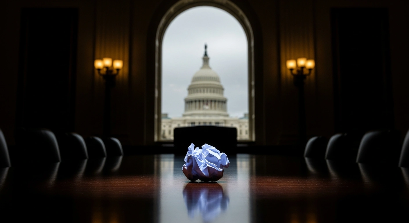 A crumpled piece of paper, symbolizing the failed ROTOR Act, rests on a dark legislative table with the U.S. Capitol building visible in the background, representing the U.S. House of Representatives' failure to pass the bill mandating advanced aircraft locator systems after a midair collision near Washington D.C. killed 67 people.