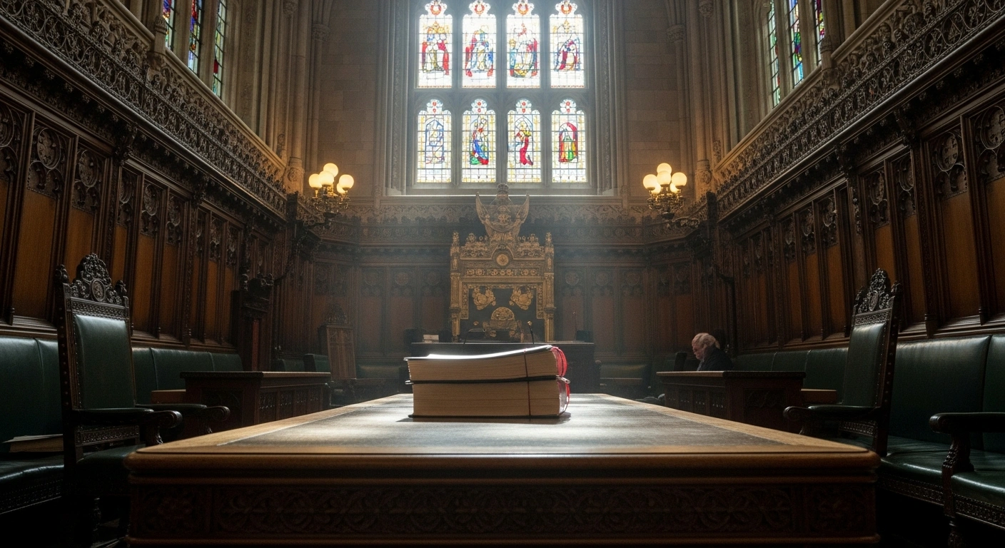 A dimly lit, ornate chamber in the House of Lords features a wooden desk bathed in a shaft of light, symbolizing the solemn debate on Clause 191 of the Crime and Policing Bill concerning the decriminalization of abortion up to full term in the United Kingdom.