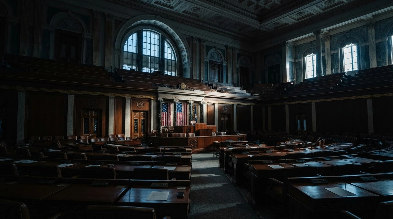 The interior of the United States House of Representatives chamber is shown in a dramatic, low-angle shot during a debate on war powers and military oversight.