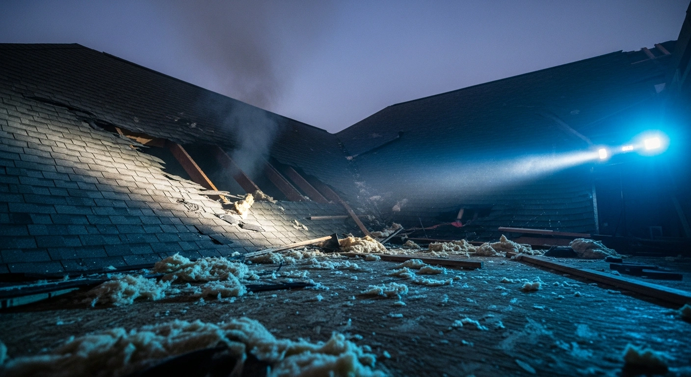 A residential house in Houston shows significant structural damage to the roof after being struck by a suspected meteorite.