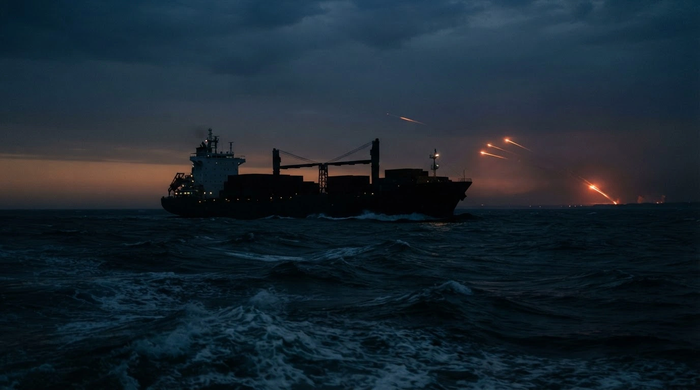 A commercial cargo ship sails through dark waters as distant missile and drone attacks threaten maritime security in the region.