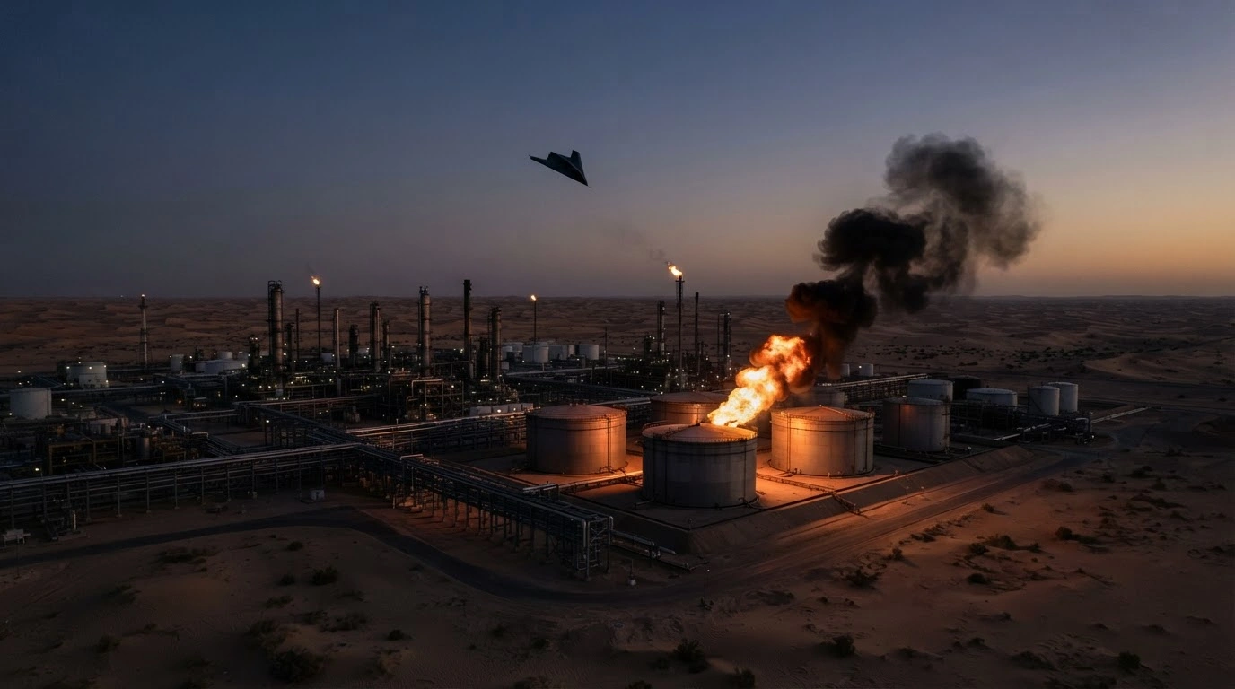 A Houthi drone strikes a Saudi Aramco oil refinery in southern Saudi Arabia, causing a large fire and plumes of black smoke.