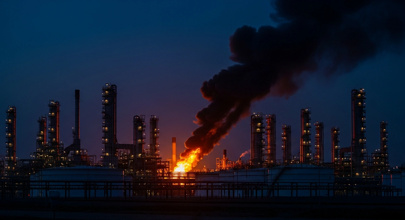 A fire burns at an Aramco oil refinery in Jazan, Saudi Arabia, following a drone attack by Houthi rebels.