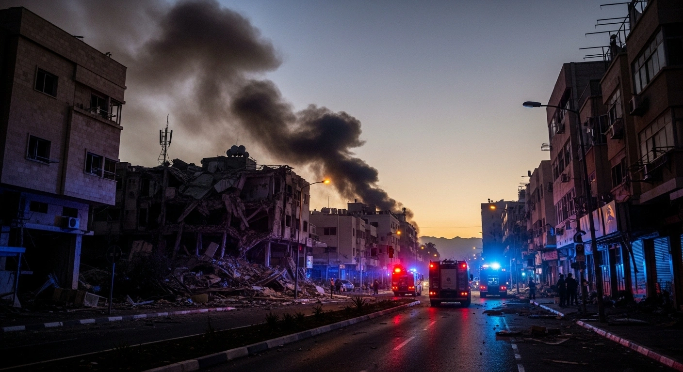Emergency services respond to a drone strike in the southern Israeli city of Eilat, with a plume of dark smoke rising from a partially collapsed building and flashing emergency lights illuminating debris on the street, following an attack by Houthi rebels from Yemen that wounded 22 people.