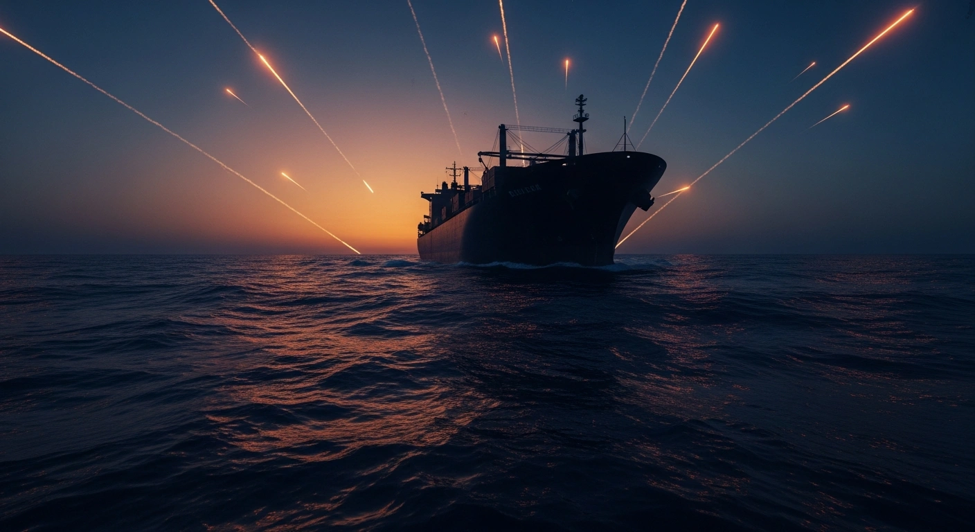 A large cargo ship sails through the Red Sea as missiles and drones launched by Houthi rebels streak across the night sky.