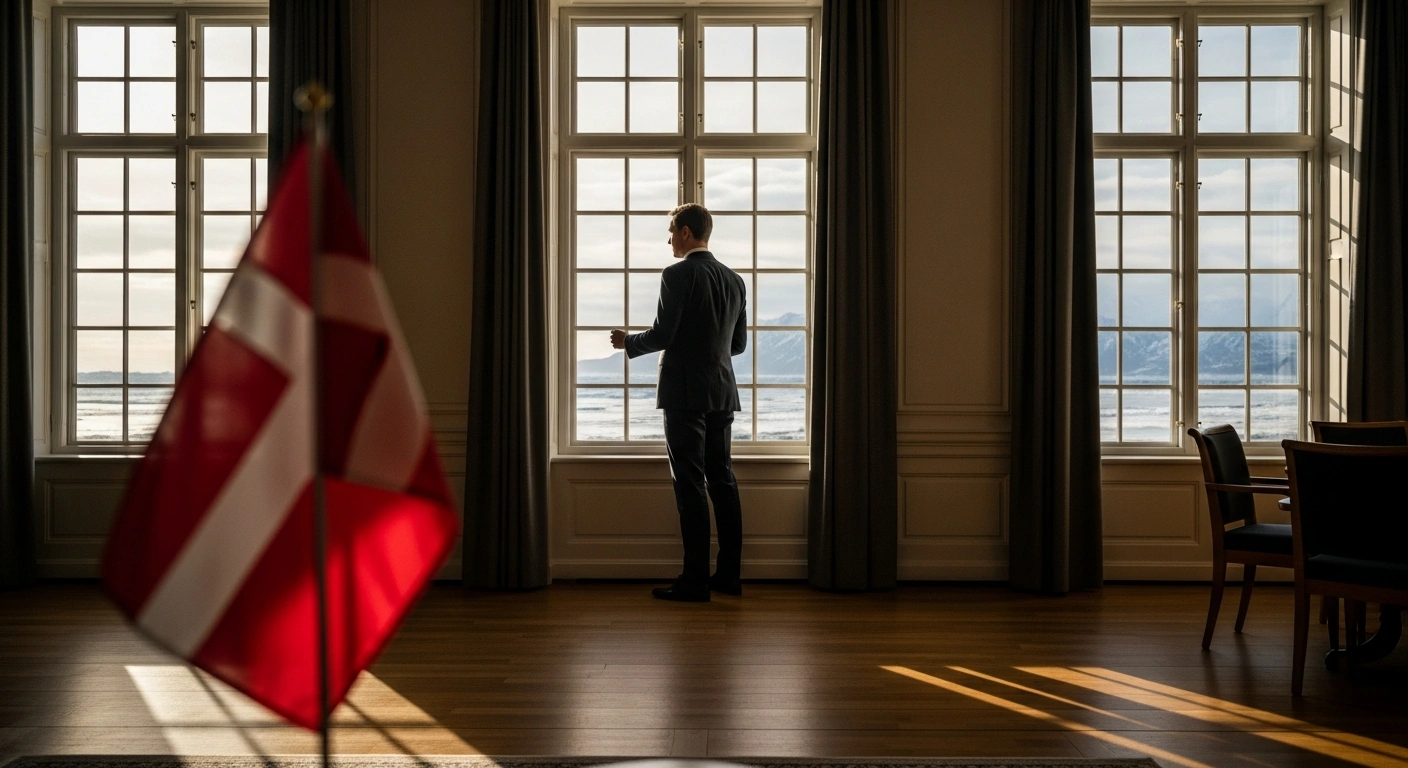A distinguished male diplomat, representing U.S. Ambassador Ken Howery, stands in a sunlit embassy office with a Danish flag in the foreground, looking out towards a distant, ice-laden coastline, symbolizing his focus on defense, trade, and Arctic security, particularly regarding Greenland.