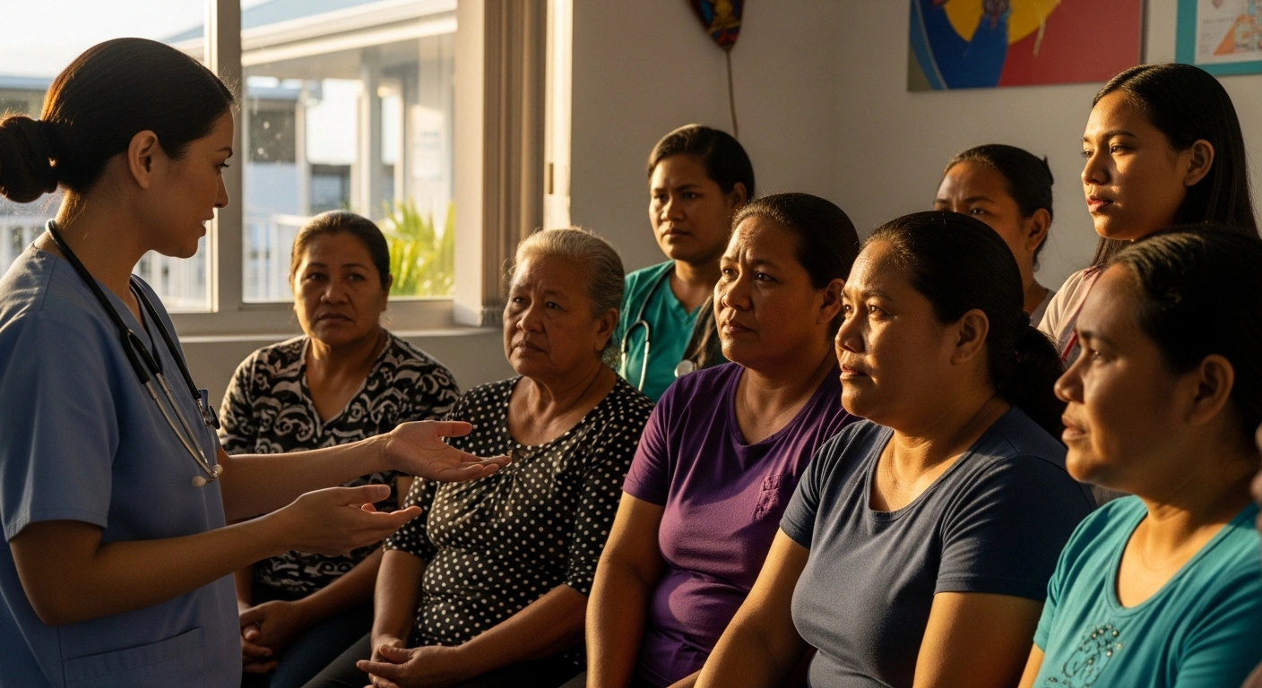 A healthcare professional in a brightly lit clinic setting is seen engaging with a diverse group of women, symbolizing the launch of the Marshall Islands' new HPV Screen and Treat services aimed at reducing cervical cancer rates for women aged 30-65.