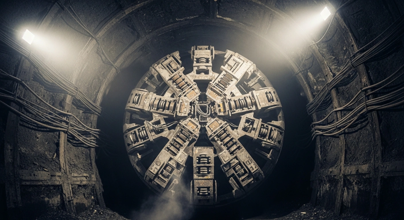 A massive tunnel boring machine operates deep underground as part of the HS2 high-speed rail construction project in the United Kingdom.