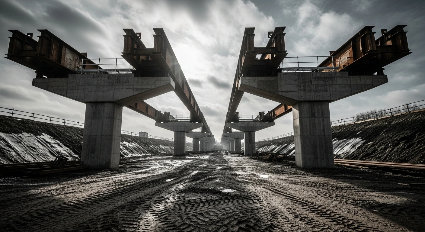 An unfinished construction site for the HS2 high-speed rail project shows massive concrete pillars and steel structures under a cloudy sky.