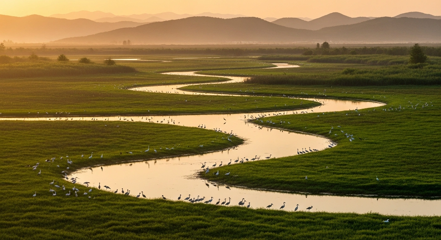 A scenic view of the revitalized Huaihe River Basin in China showing clear water and restored biodiversity.