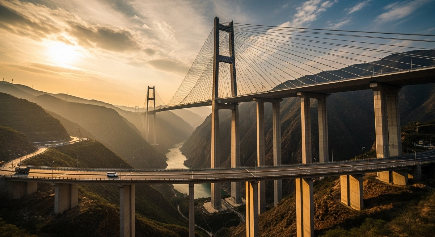 A low-angle view captures the Huajiang Grand Canyon Bridge, the world's highest at 625 meters, spanning a deep canyon over the Beipan River in Guizhou Province, China, illuminated by golden hour sunlight as a vehicle crosses its deck.