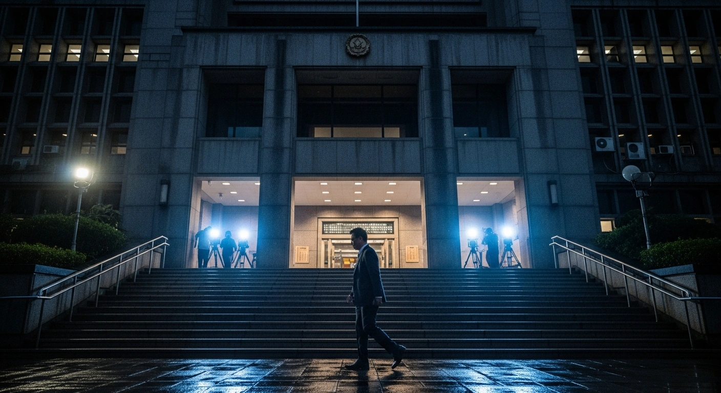 A Hualien township chief walks down courthouse steps after being released on bail following the fatal 2025 barrier lake breach investigation.