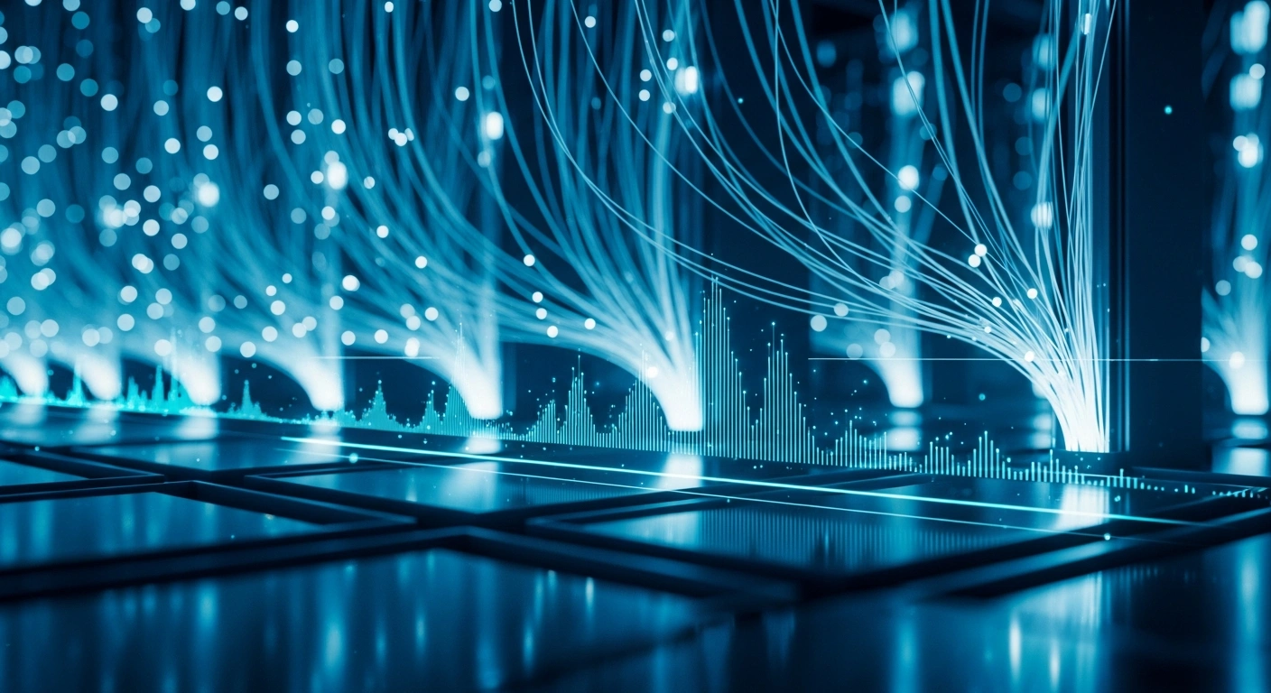 A futuristic data center features glowing fiber optic cables and holographic interfaces representing the convergence of artificial intelligence and optical networking technology.