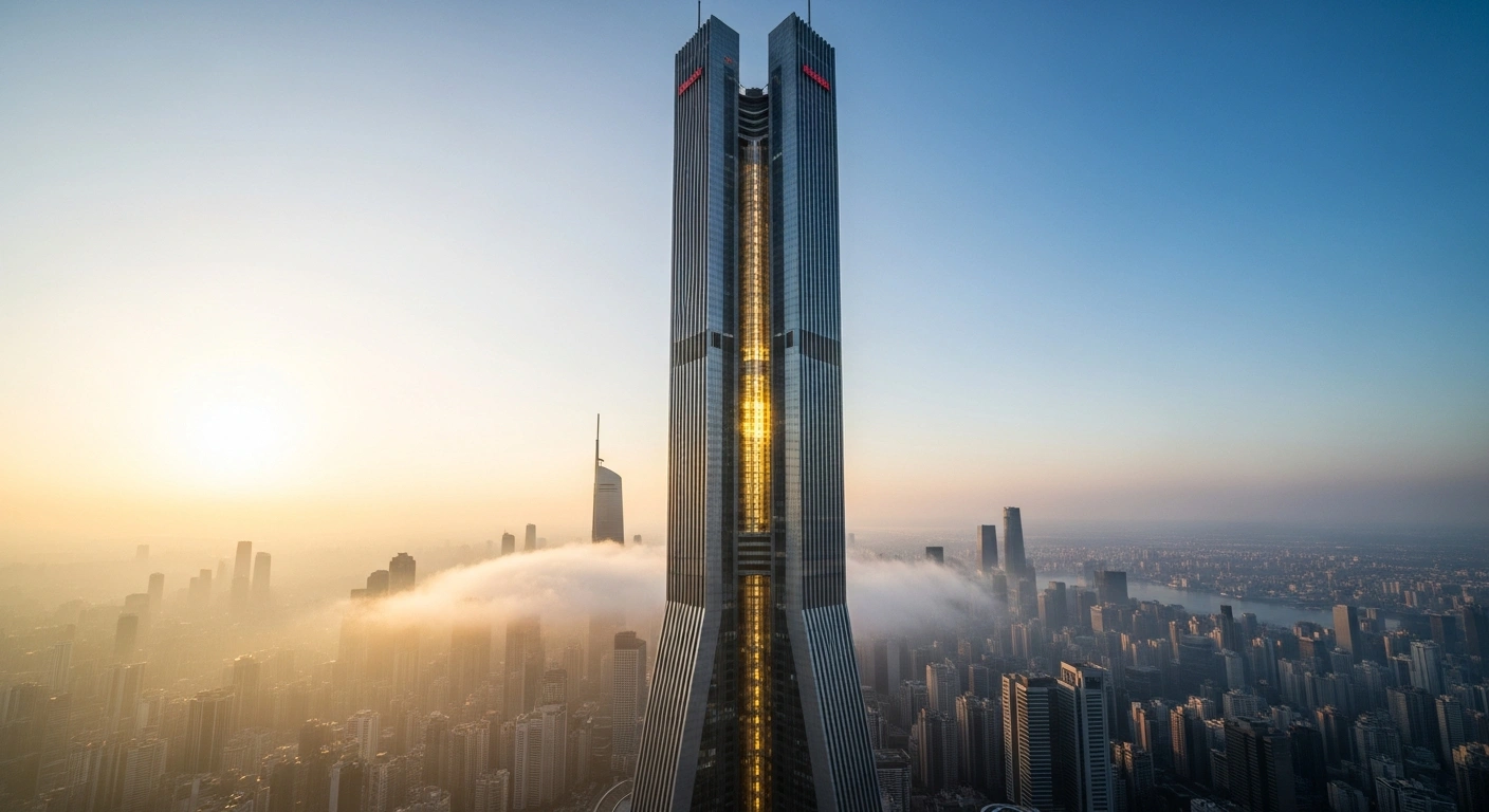 A towering, futuristic skyscraper, representing Huawei Technologies' record revenue and resilience, stands illuminated against a dawn sky in a bustling metropolis, symbolizing its strong smartphone business and investments in AI and HarmonyOS despite US sanctions.