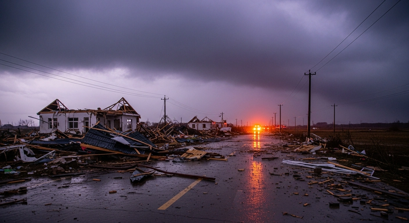 Emergency responders search through the debris of destroyed homes and damaged infrastructure in Hubei Province following a powerful tornado.