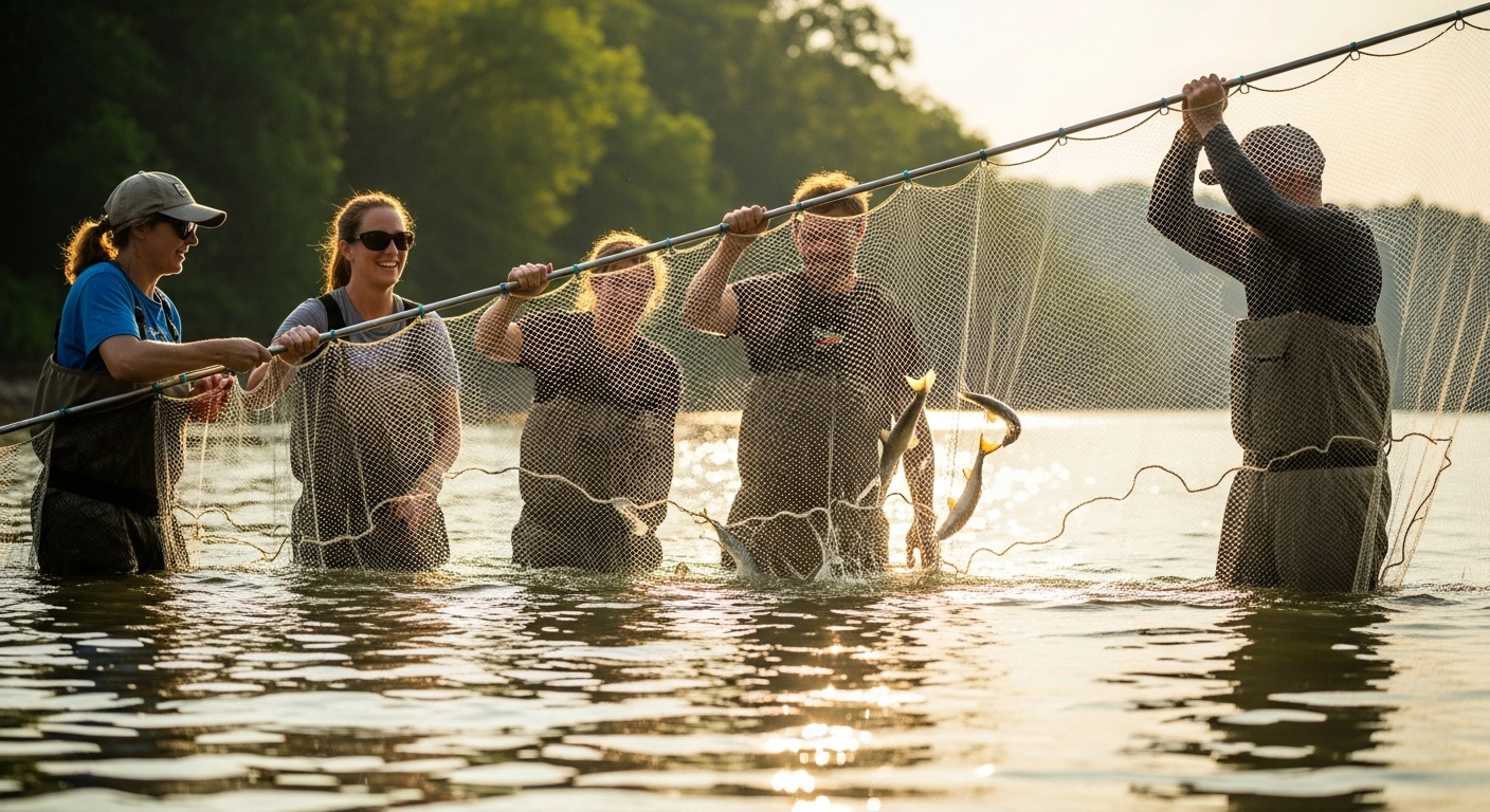 Community scientists use a seine net to collect and document fish species during the annual Great Hudson River Fish Count in New York.