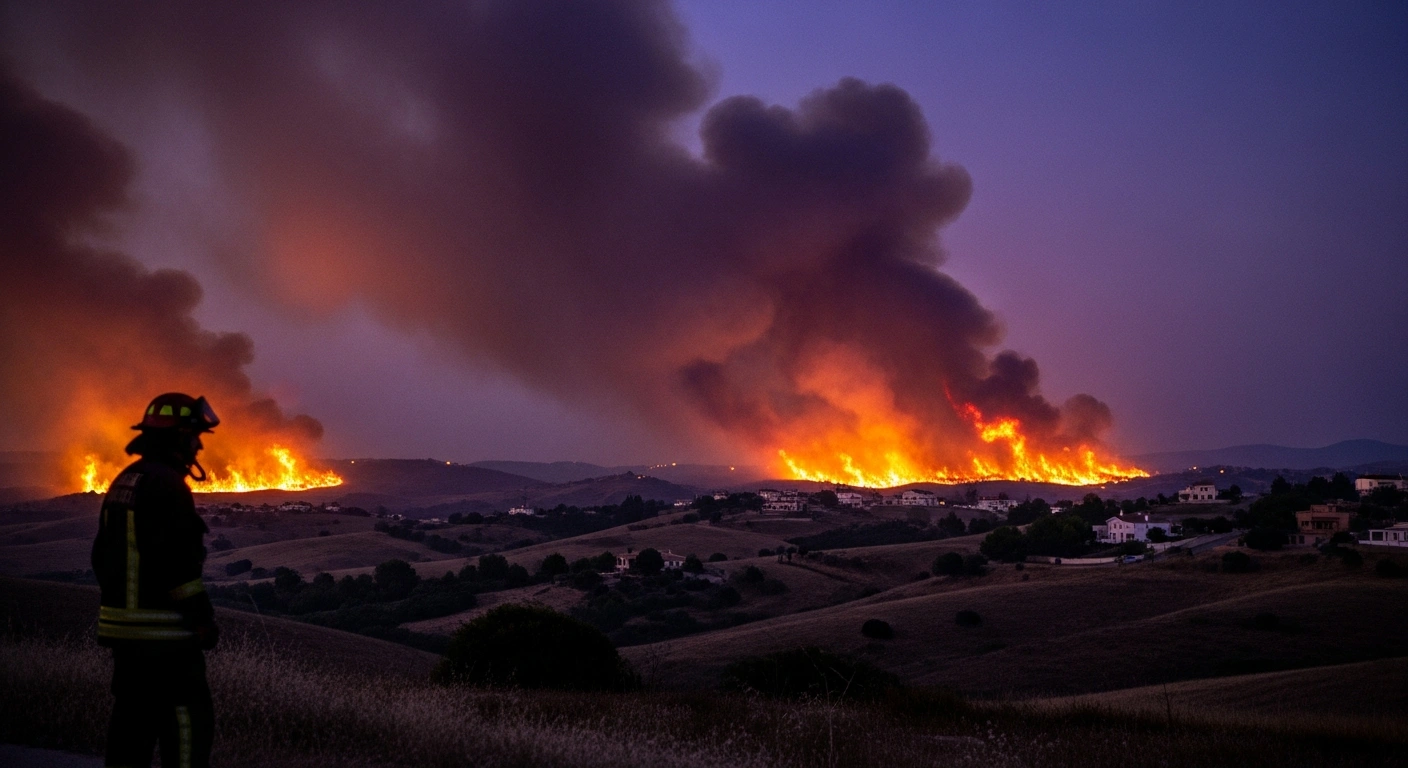 Emergency firefighters battle a large, fast-moving wildfire in Huelva, Andalucia, as smoke rises over the landscape during an evacuation.