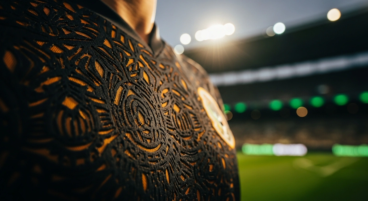 A close-up view of a modern soccer jersey designed by Hugo Rosas featuring intricate patterns inspired by Mexican papel picado and pre-Hispanic heritage.