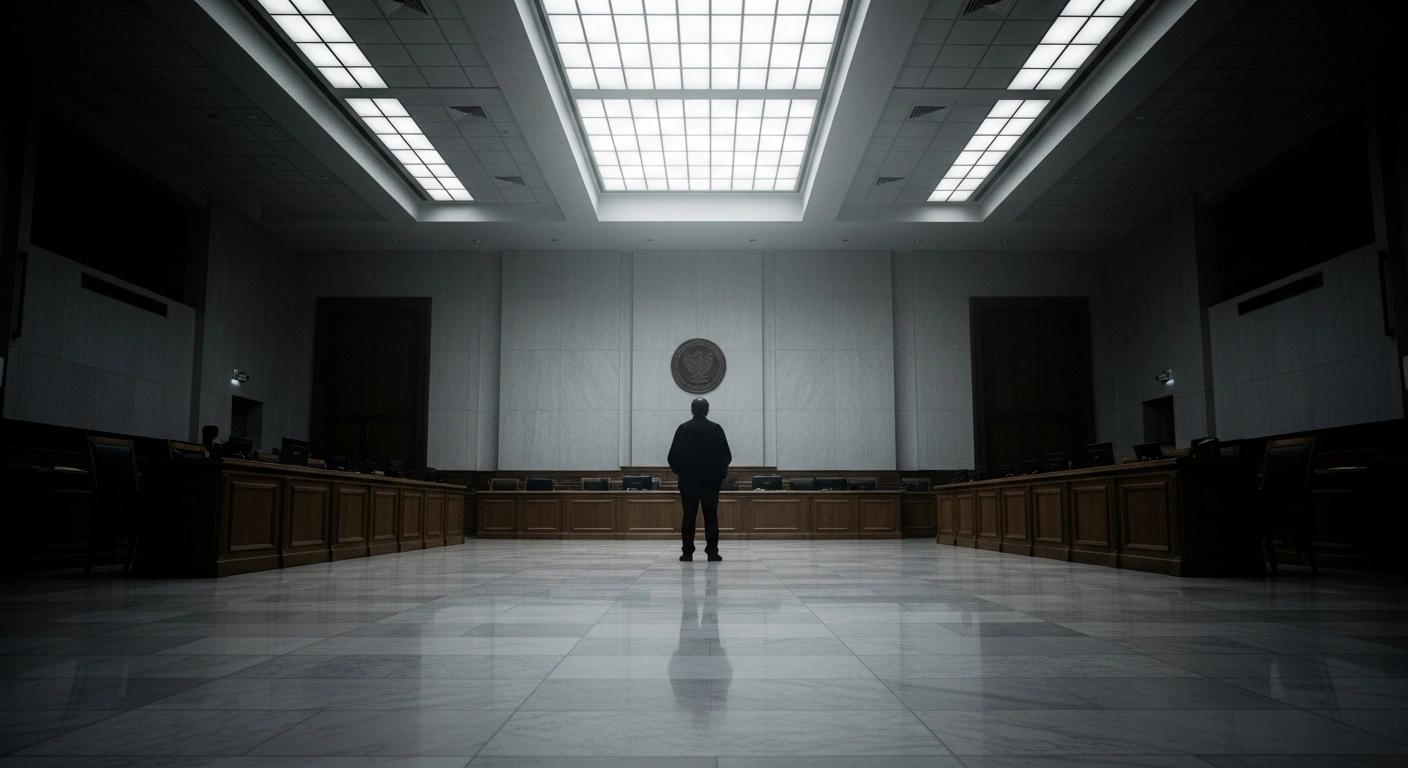 Hui Ka Yan stands in a sterile, high-ceilinged courtroom during his trial for fraud and bribery charges related to the Evergrande collapse.