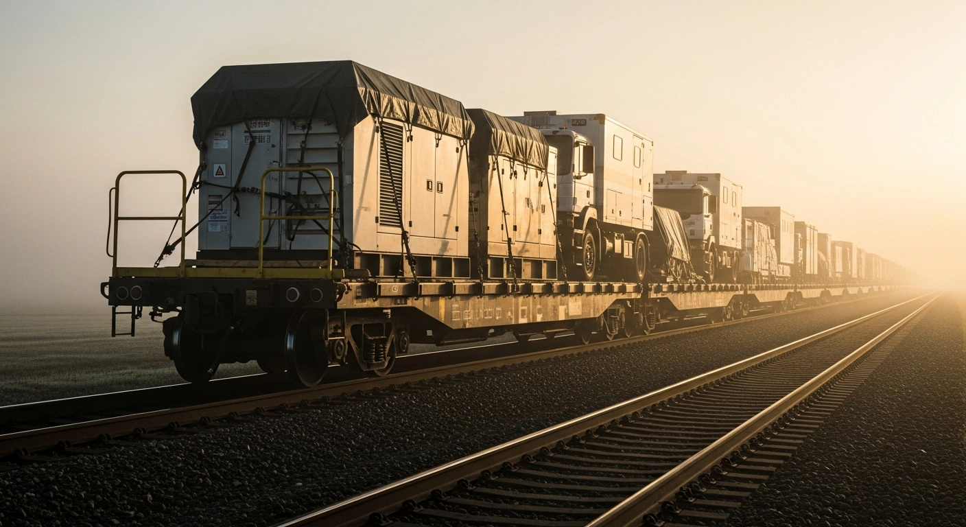 A freight train carrying power generators and medical vehicles travels through a misty landscape as part of an international humanitarian aid effort for Ukraine.