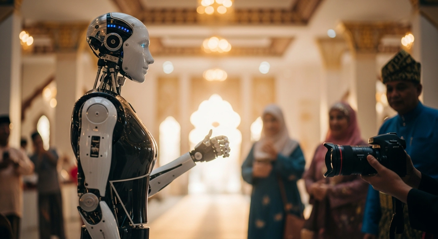 A Chinese-made humanoid robot interacts with visitors during a Hari Raya Aidilfitri open house celebration in Brunei to promote technological interest.