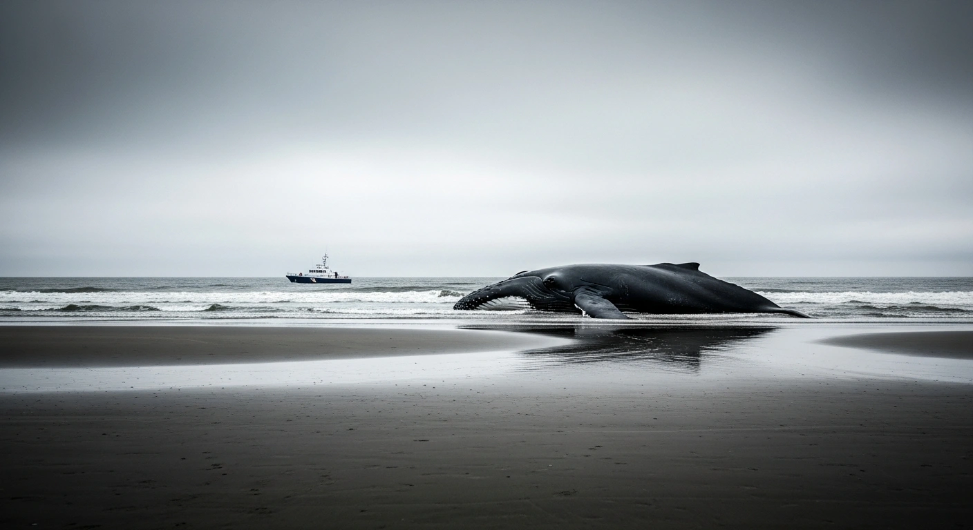 A humpback whale lies stranded on a desolate beach in the Baltic Sea as rescue operations are suspended.