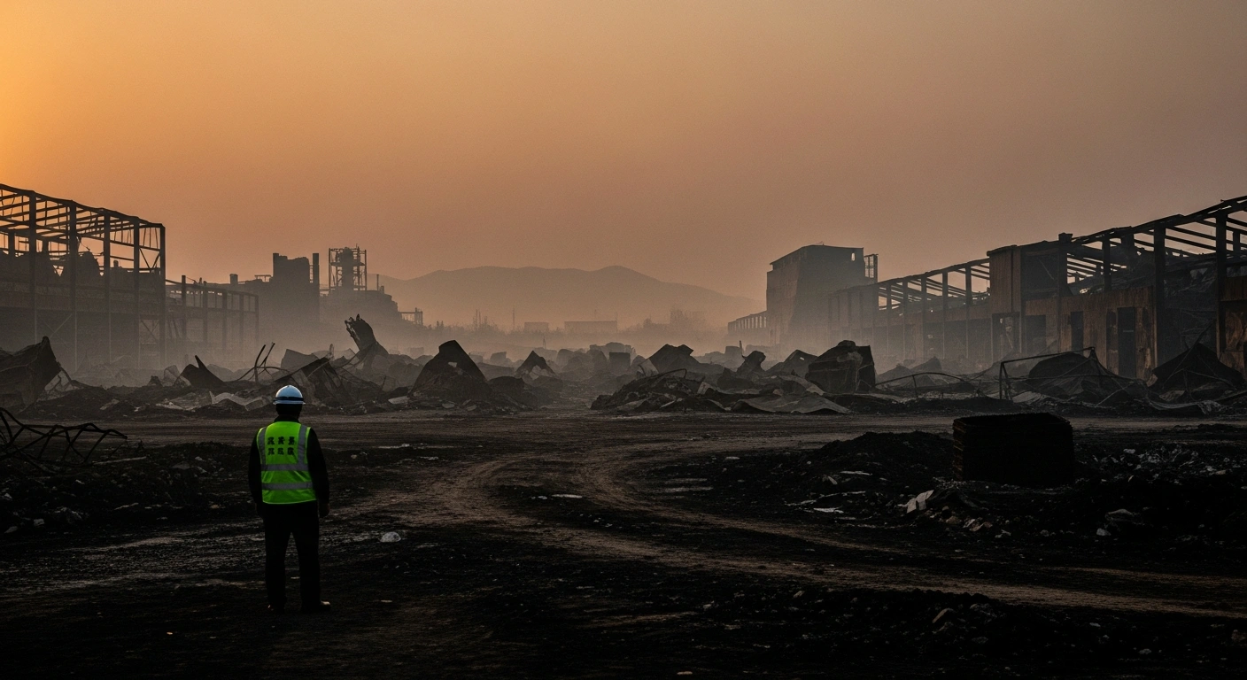 An investigator surveys the charred ruins of a fireworks factory in Hunan, China, following a fatal explosion that prompted an official government inquiry.