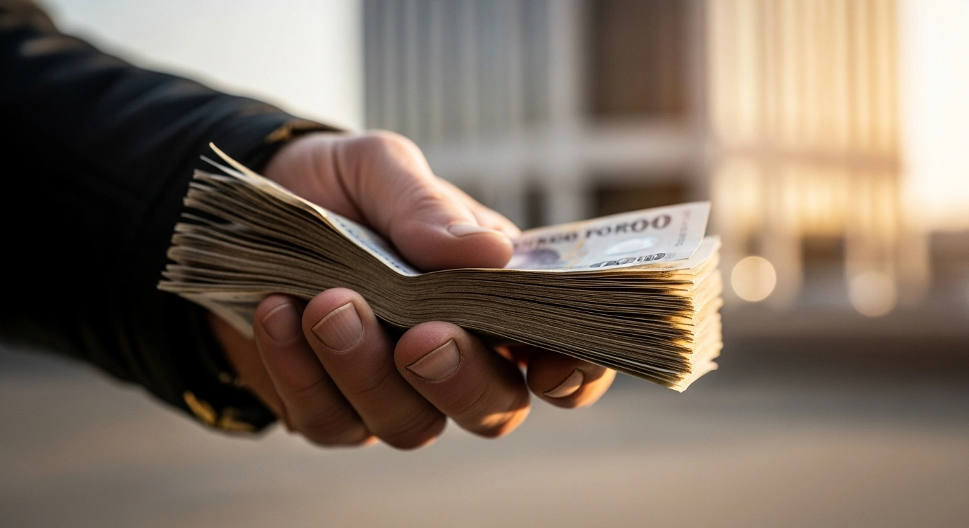 A close-up of a weathered hand holding a stack of crisp Hungarian Forint banknotes, illuminated by warm, golden light, with a blurred background hinting at a modern bank building.