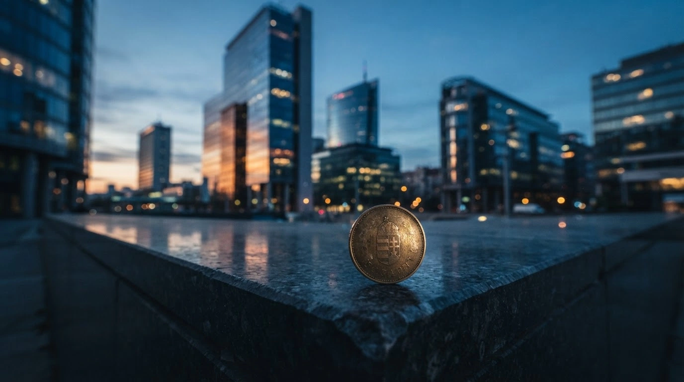 A close-up of a bronze coin resting on a stone ledge in front of a blurred financial district, representing the weakening of the Hungarian forint against the euro.