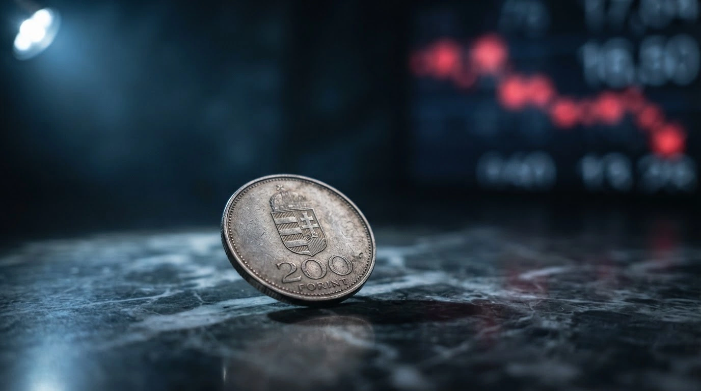 A close-up of a Hungarian forint coin resting on a dark surface, symbolizing the recent decline of the national currency against the euro.