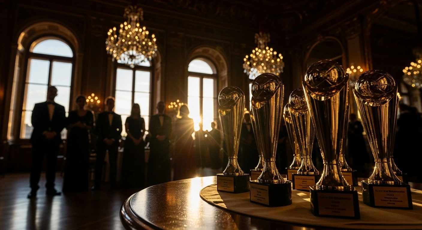 A photograph of multiple gleaming award trophies displayed on a polished mahogany table in a grand European ballroom, with elegantly dressed figures celebrating in the soft, golden light in the background, symbolizing the prestigious accolades secured by Hungarian luxury hotels and travel services at the World Travel Awards Europe gala, highlighting their prominence in European tourism.