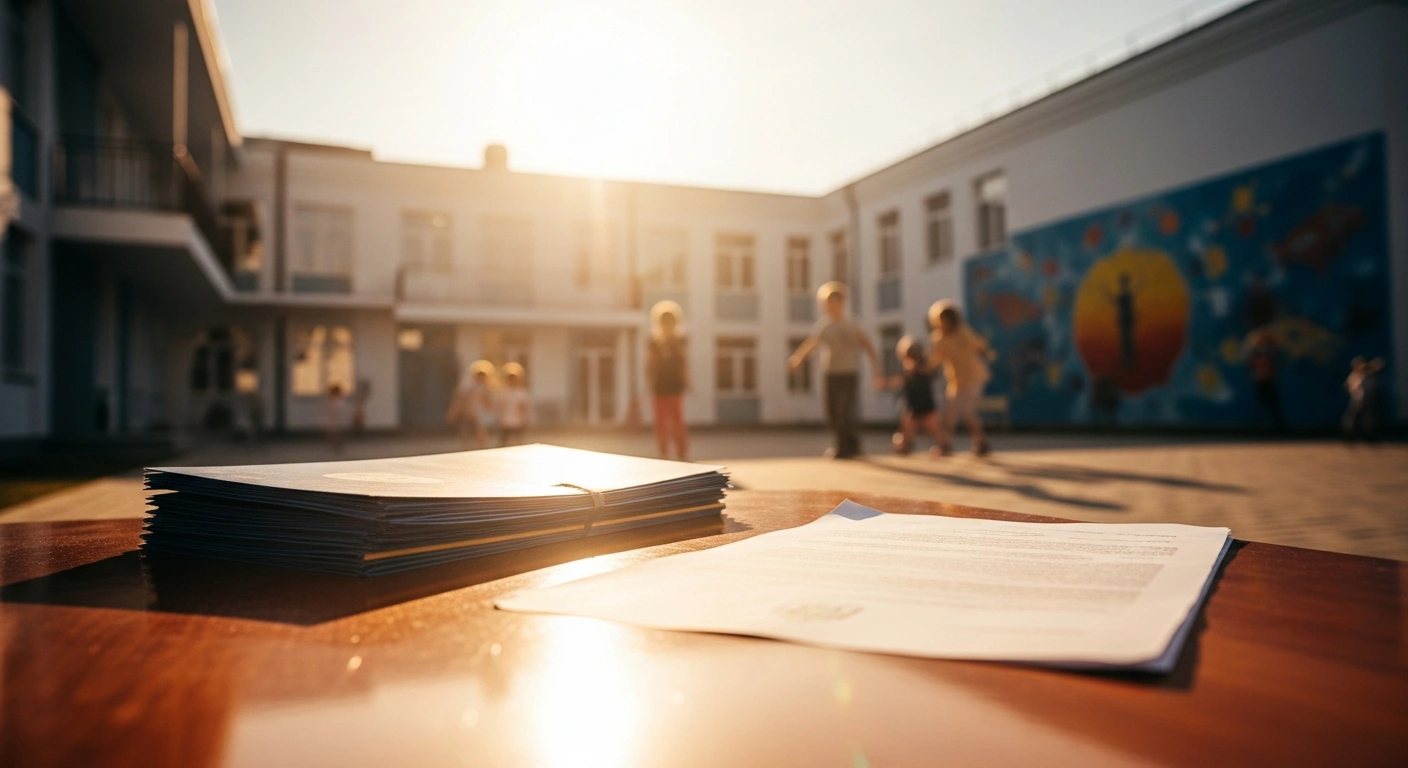 A sunlit courtyard at a Ukrainian orphanage represents the redirection of Hungarian government severance funds toward humanitarian aid.