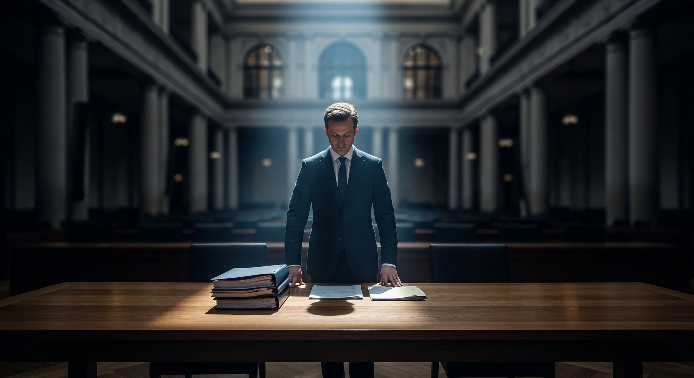 A solitary diplomat stands in a dimly lit government chamber representing the diplomatic tension between Hungary and Ukraine regarding European Union accession negotiations.