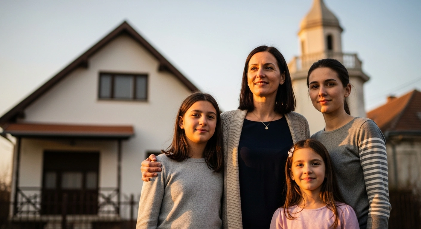 A Hungarian civil servant and her family stand proudly in front of a modest home, bathed in warm golden hour light, symbolizing the government's confirmed 15 percent wage increase and new annual housing support for public sector workers.