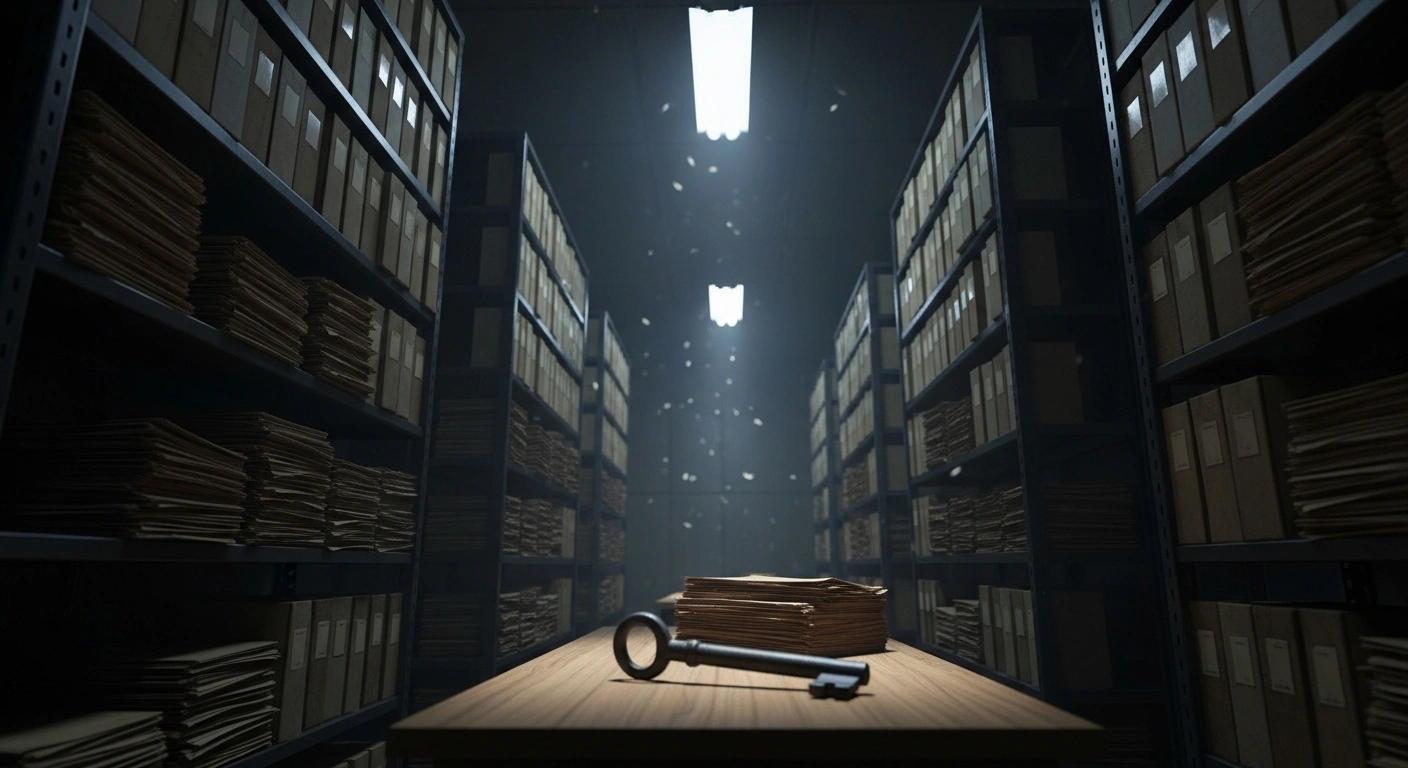 A dimly lit archive room filled with rows of historical secret service files from the Hungarian Communist era.