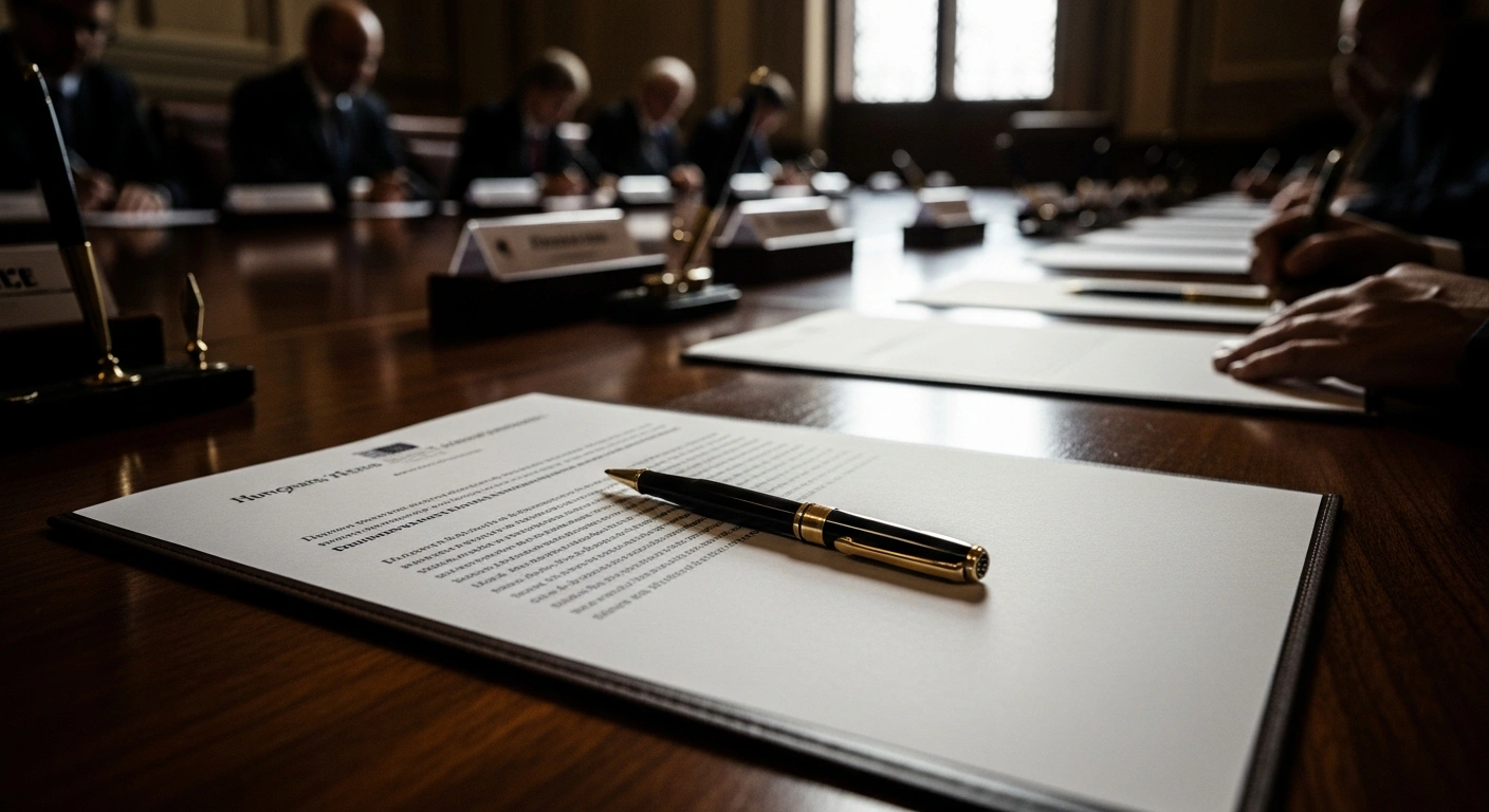 A somber scene in a grand European council chamber shows a single, ornate pen lying untouched on a white condolence statement, isolated from other signed documents, symbolizing Hungary's independent foreign policy stance regarding the Novi Sad railway station collapse.